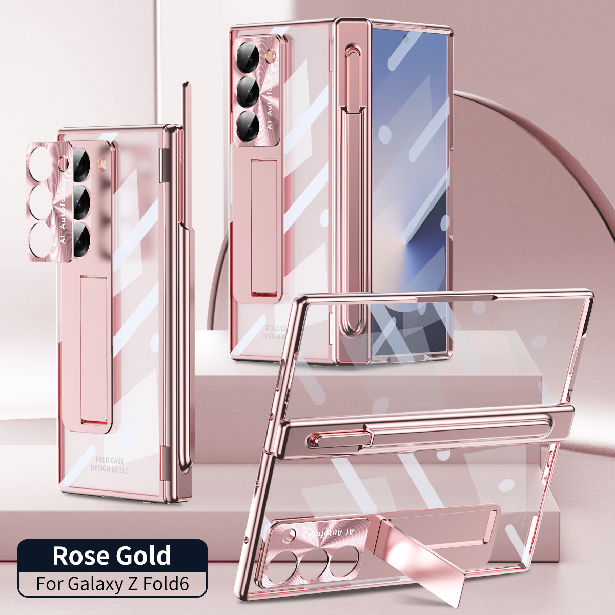 Samsung ZFold 6 phone case with magnetic hinge, W24 electroplated transparent pen slot. - Pink Pen Slot Version Samsung Z Fold6