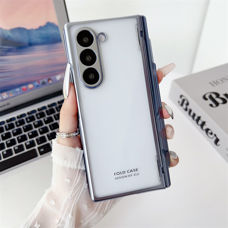 Samsung ZFold 6 phone case, FOLD6 magnetic pen slot folding protective case, W24 electroplated transparent shockproof case. - Sky Blue Samsung Z Fold6
