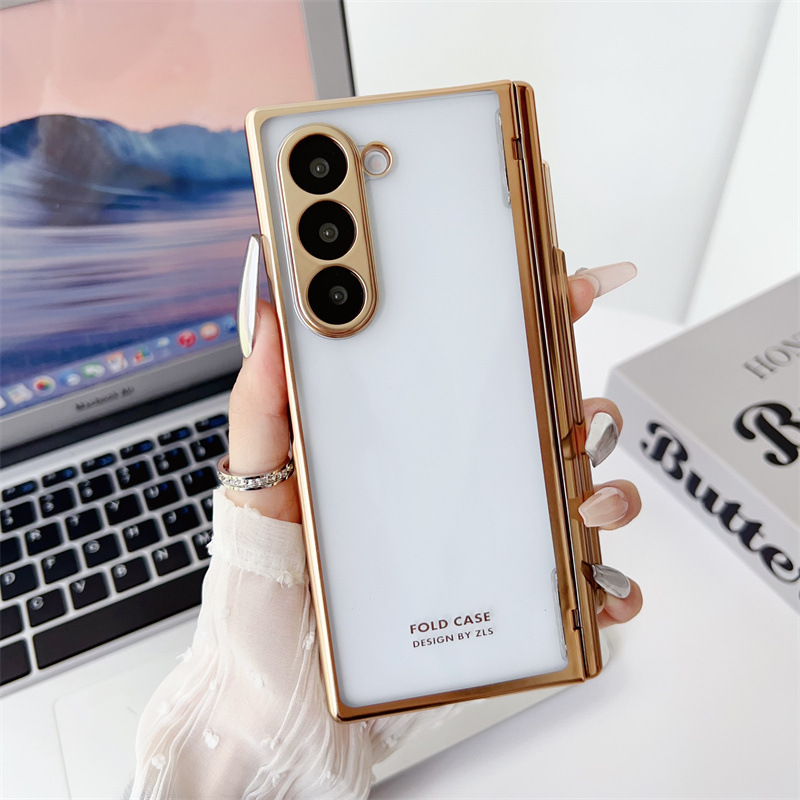 Samsung ZFold 6 phone case, FOLD6 magnetic pen slot folding protective case, W24 electroplated transparent shockproof case. - Gold Samsung Z Fold6