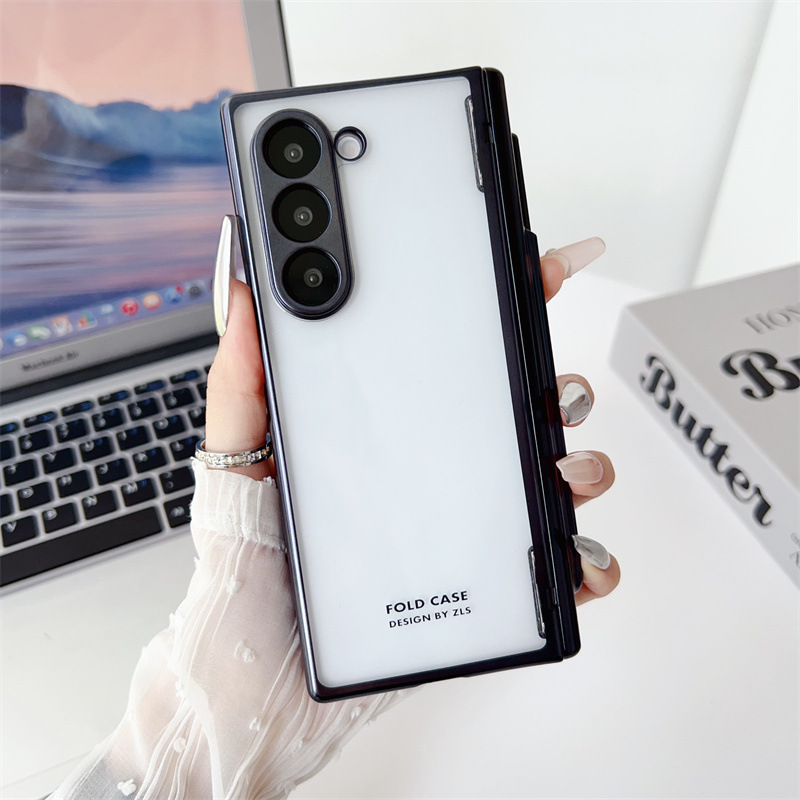 Samsung ZFold 6 phone case, FOLD6 magnetic pen slot folding protective case, W24 electroplated transparent shockproof case. - Black Samsung Z Fold6