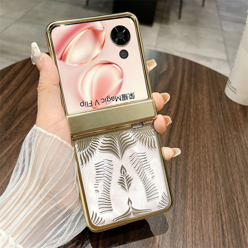 Suitable for Honor Magic V Flip phone cases with foldable screens, featuring luxurious electroplated hinges and shockproof protection. - Golden Angel Wings Glory Magic V Flip