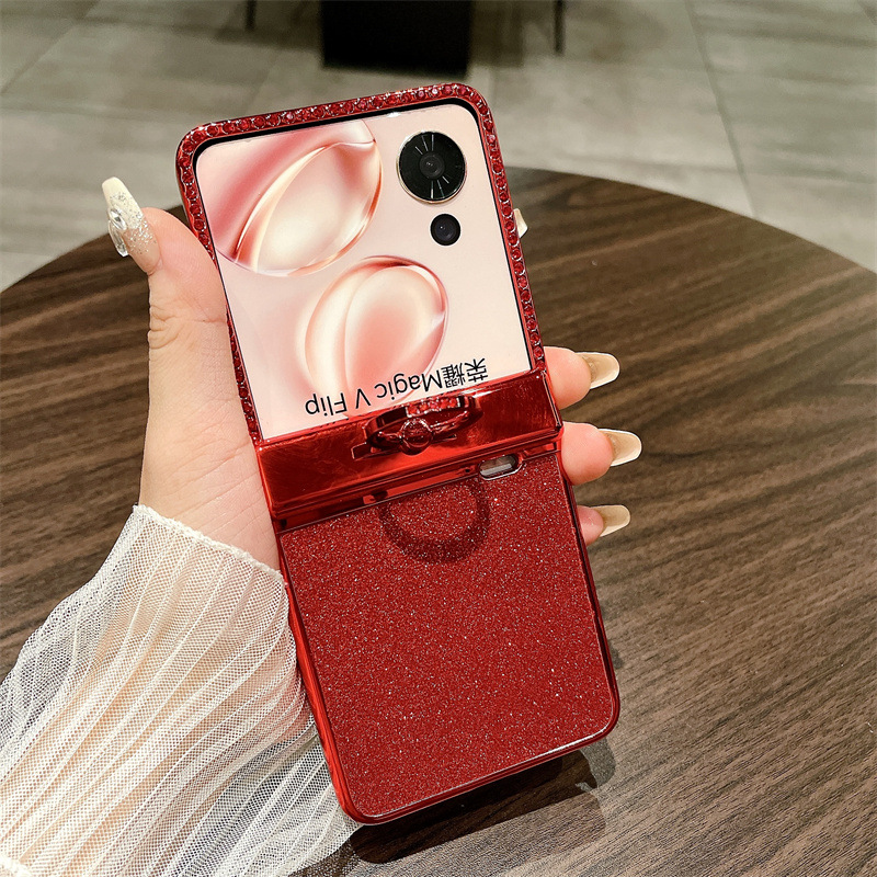 Suitable for Honor Magic V Flip phone cases with foldable screens, luxurious diamond-studded glitter, drop-proof protection. - Red Honor Magic V Flip