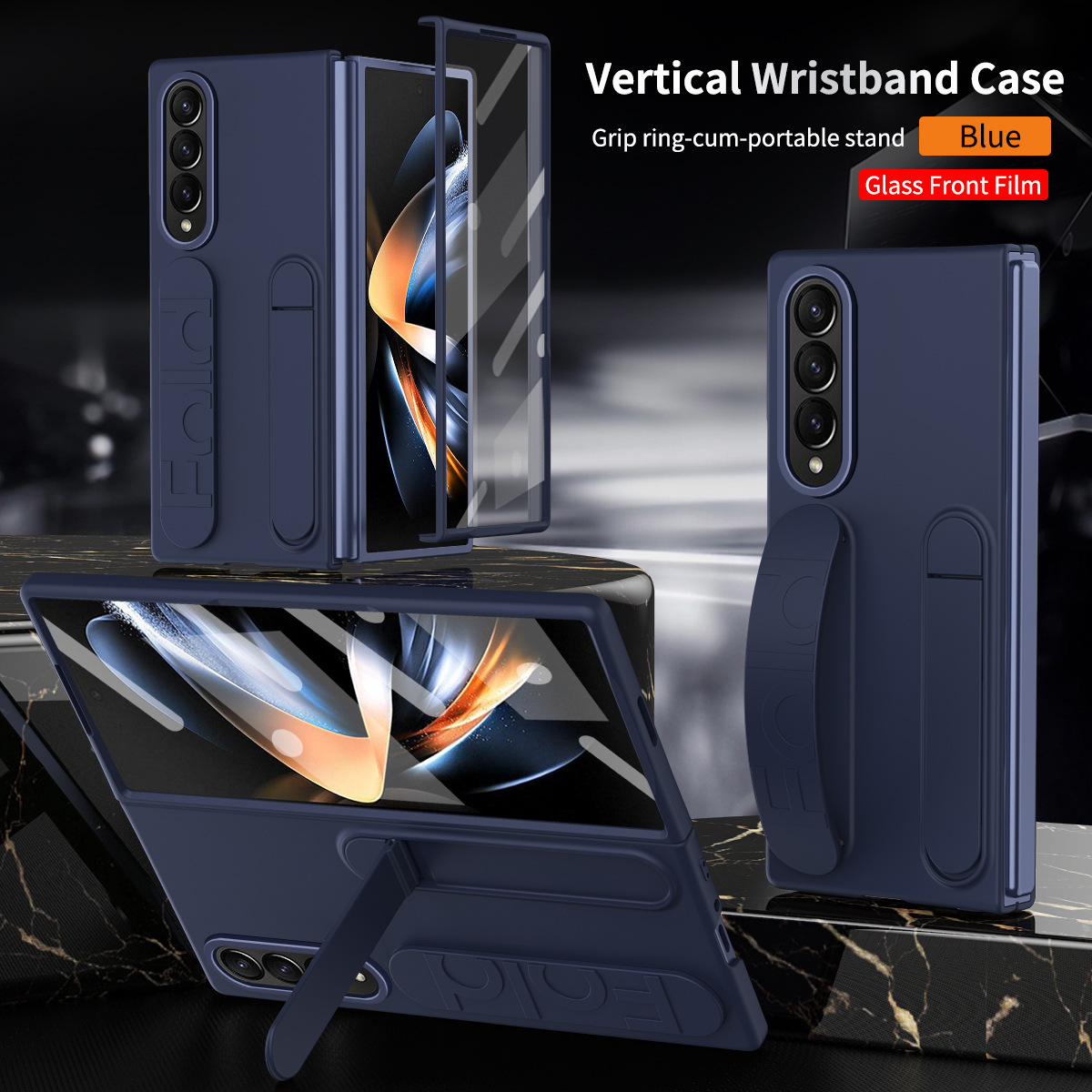 Compatible with Samsung Zfold 5 phone case, FOLD4 folding official vertical wrist strap case, integrated anti-drop protective case. - Blue integrated shell and membrane Z Fold 6
