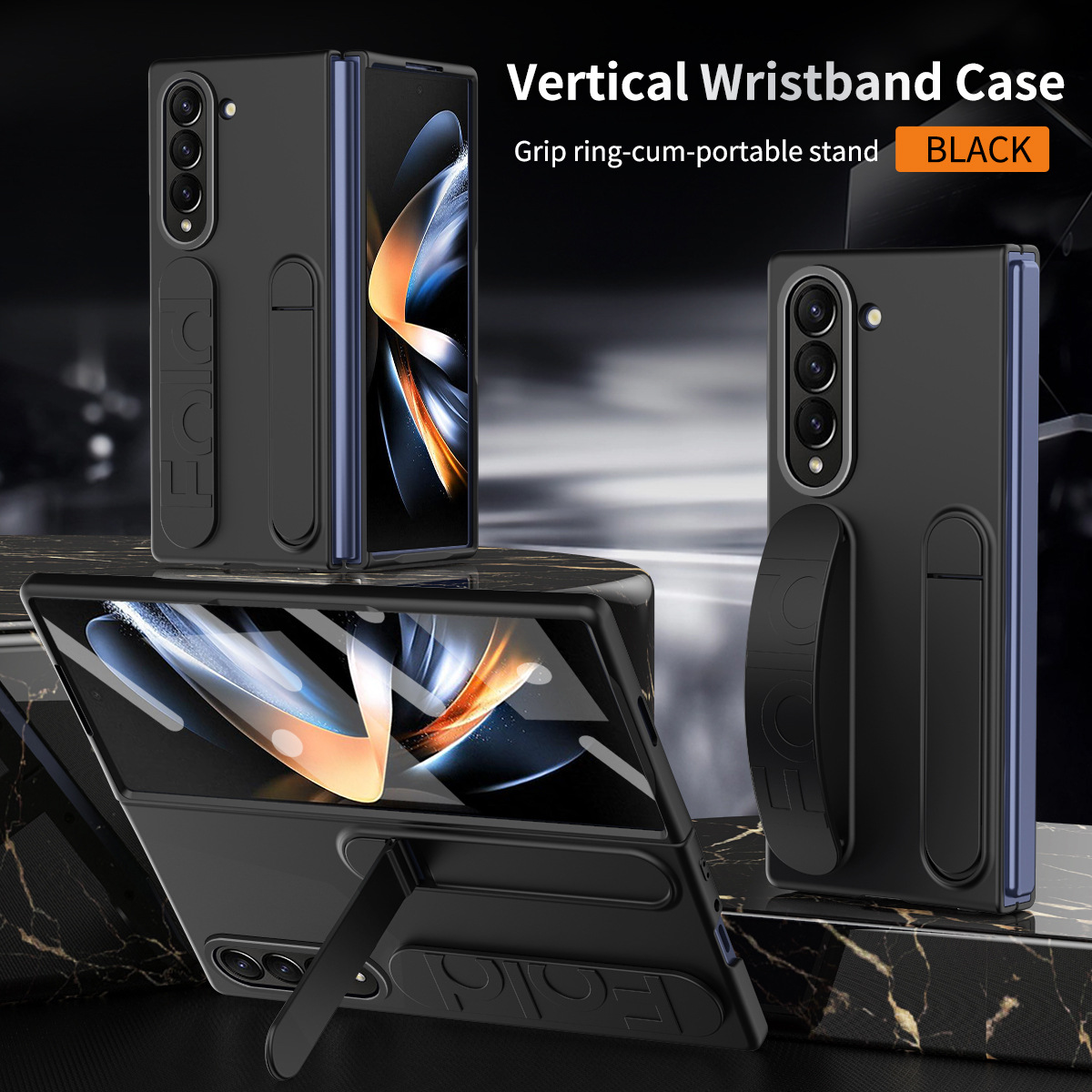 Compatible with Samsung Zfold 5 phone case, FOLD4 folding official vertical wrist strap case, integrated anti-drop protective case. - Black without film Z Fold 6