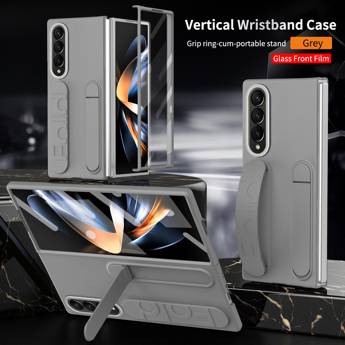 Compatible with Samsung Zfold 5 phone case, FOLD4 folding official vertical wrist strap case, integrated anti-drop protective case. - Gray shell and membrane integrated Z Fold 6