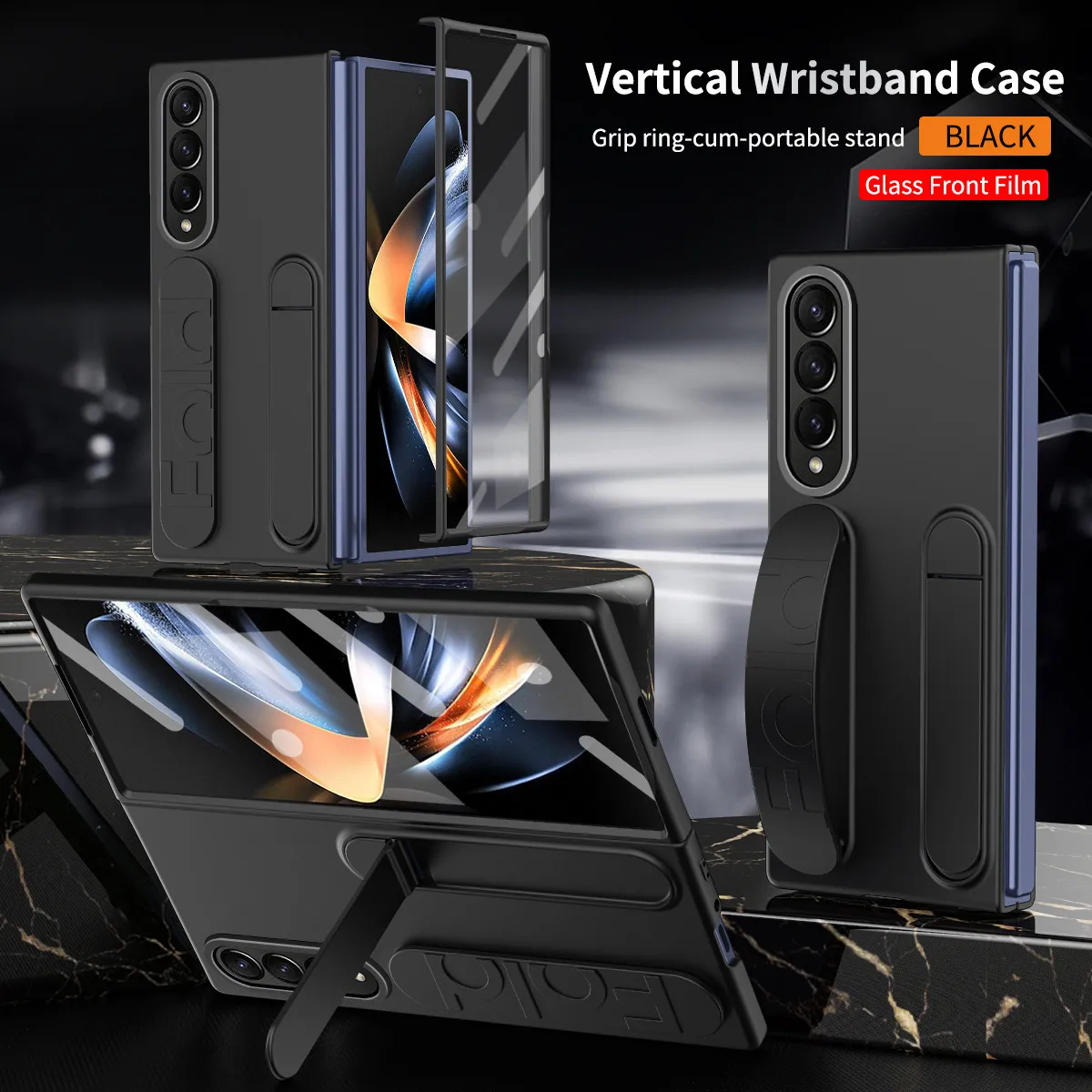Compatible with Samsung Zfold 5 phone case, FOLD4 folding official vertical wrist strap case, integrated anti-drop protective case. - Black integrated shell and membrane Z Fold 6