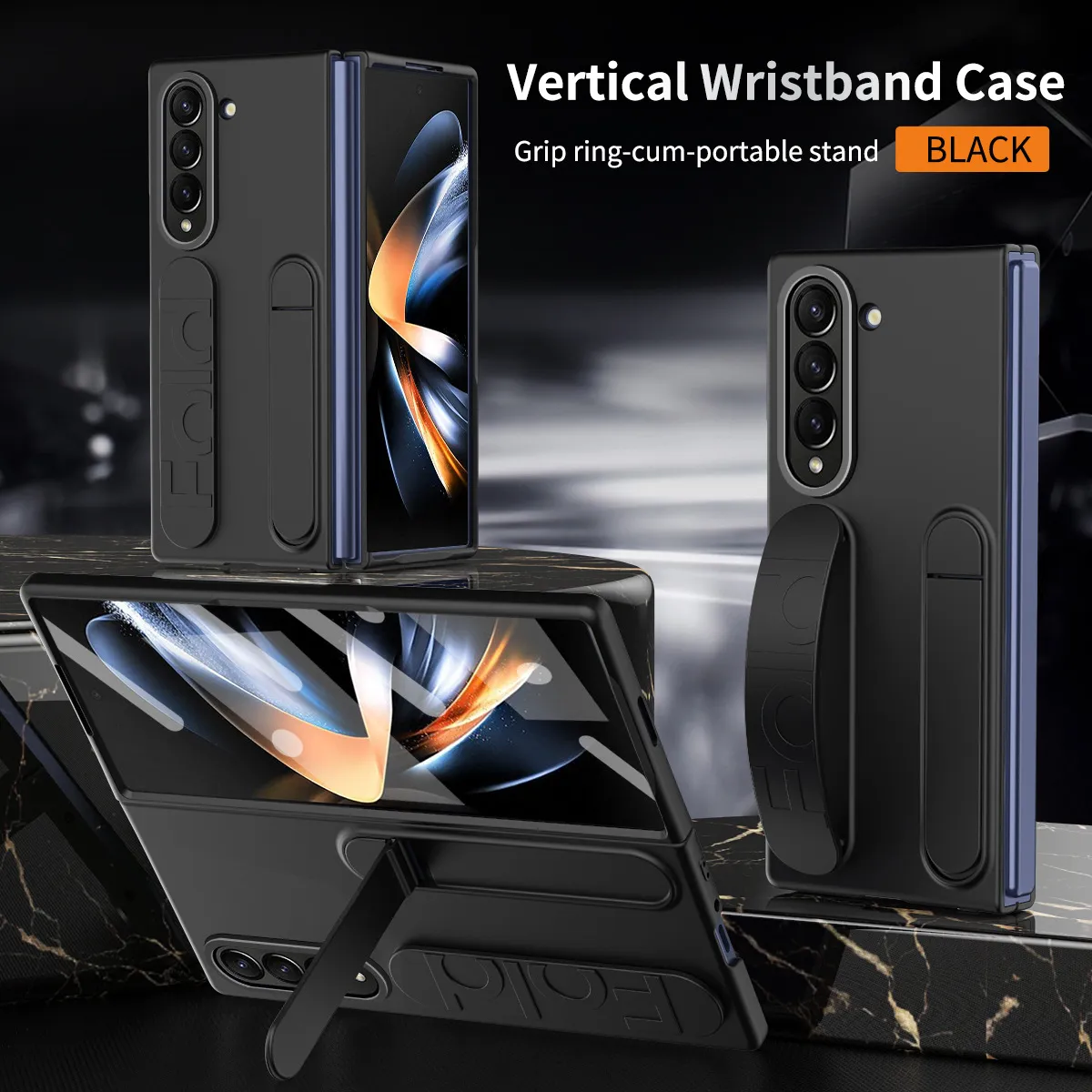 Compatible with Samsung Zfold 5 phone case, FOLD4 folding official vertical wrist strap case, integrated anti-drop protective case. - Black without film Z Fold 6