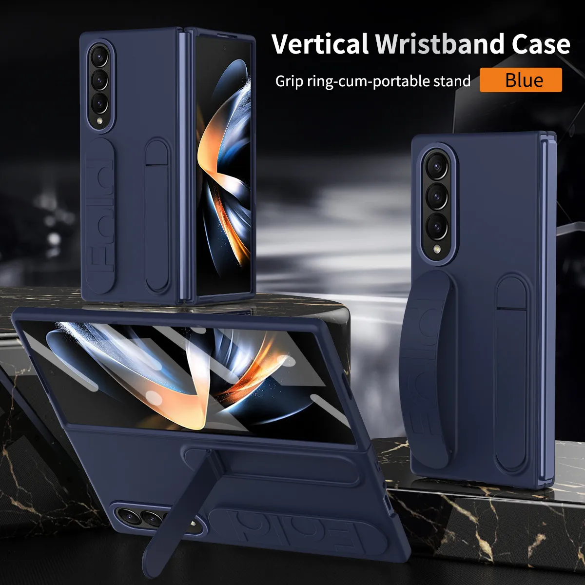 Compatible with Samsung Zfold 5 phone case, FOLD4 folding official vertical wrist strap case, integrated anti-drop protective case. - Blue without film z fold6