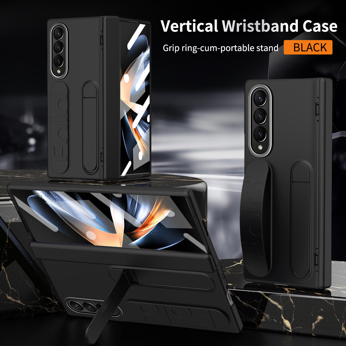 Compatible with Samsung Zfold4 phone case FOLD3 folding official wrist strap stand hinge case film integrated protective case - Black Iridescent Z Fold 6