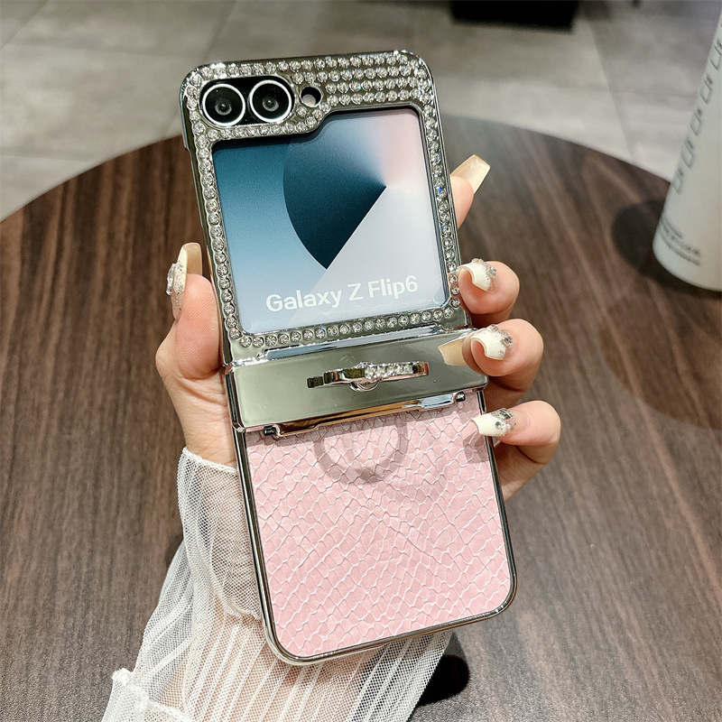 Compatible with Samsung ZFlip 7FE phone case, ZFLIP 6 foldable screen diamond leather hinge full-coverage drop protection leather - Pink Bulgari Samsung ZFlip 6