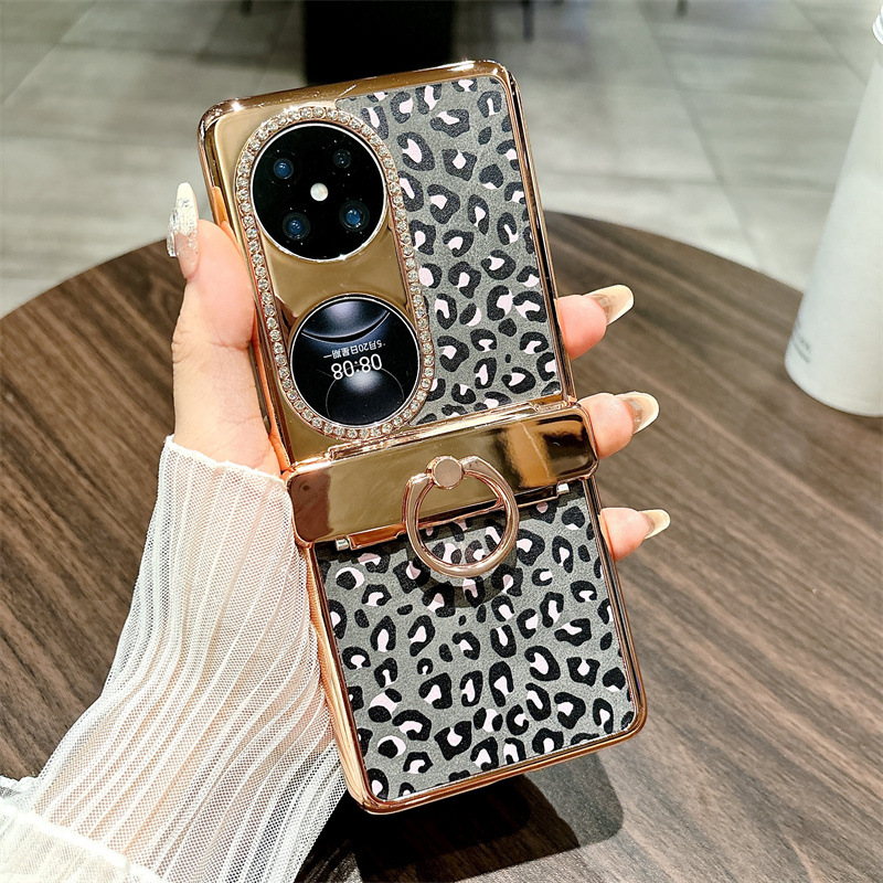 Huawei Pocket 2 phone case, foldable screen, leopard print stand, protective leather case, hinge fully covered, drop-proof and suitable. - Black leopard print Huawei Pocket 2