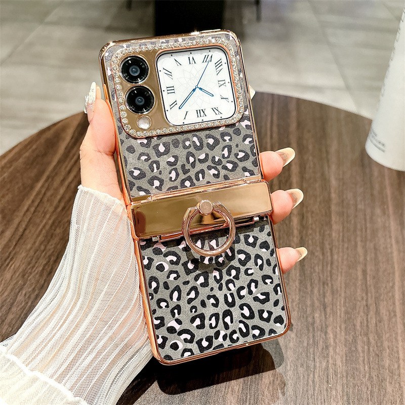 Compatible Huawei Nova Flip phone case, Nova Flip foldable screen leopard print stand hinge full-coverage shockproof case - Black leopard print Huawei Nova Flip