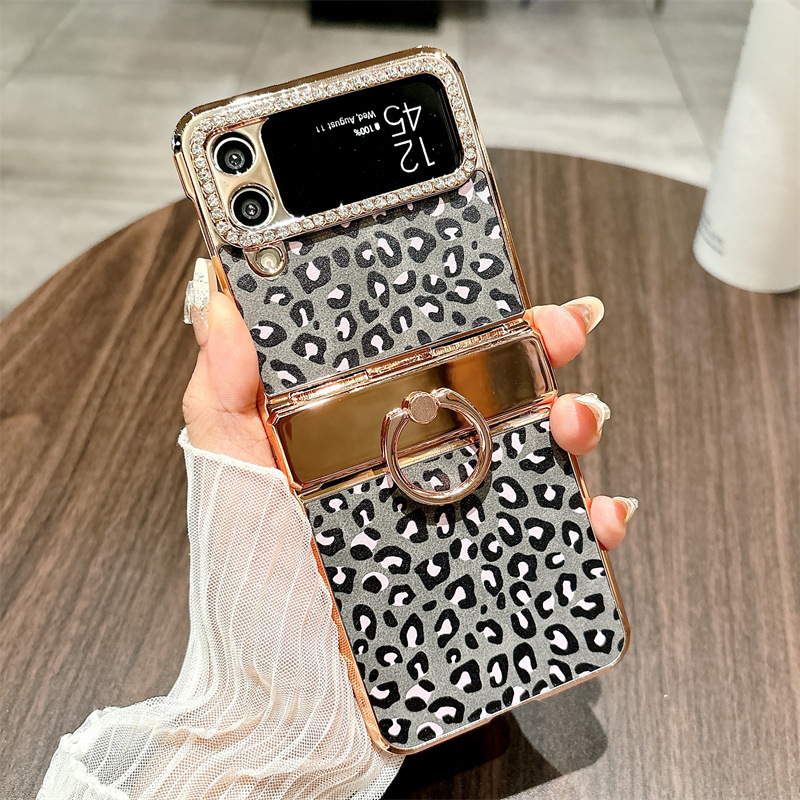 Samsung Flip 4 phone case, FLIP3 foldable screen leopard print light luxury electroplated stand full-coverage drop protection case - Black leopard print Samsung Flip 5