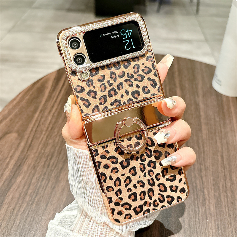 Samsung Flip 4 phone case, FLIP3 foldable screen leopard print light luxury electroplated stand full-coverage drop protection case - Brown leopard print Samsung Flip 5