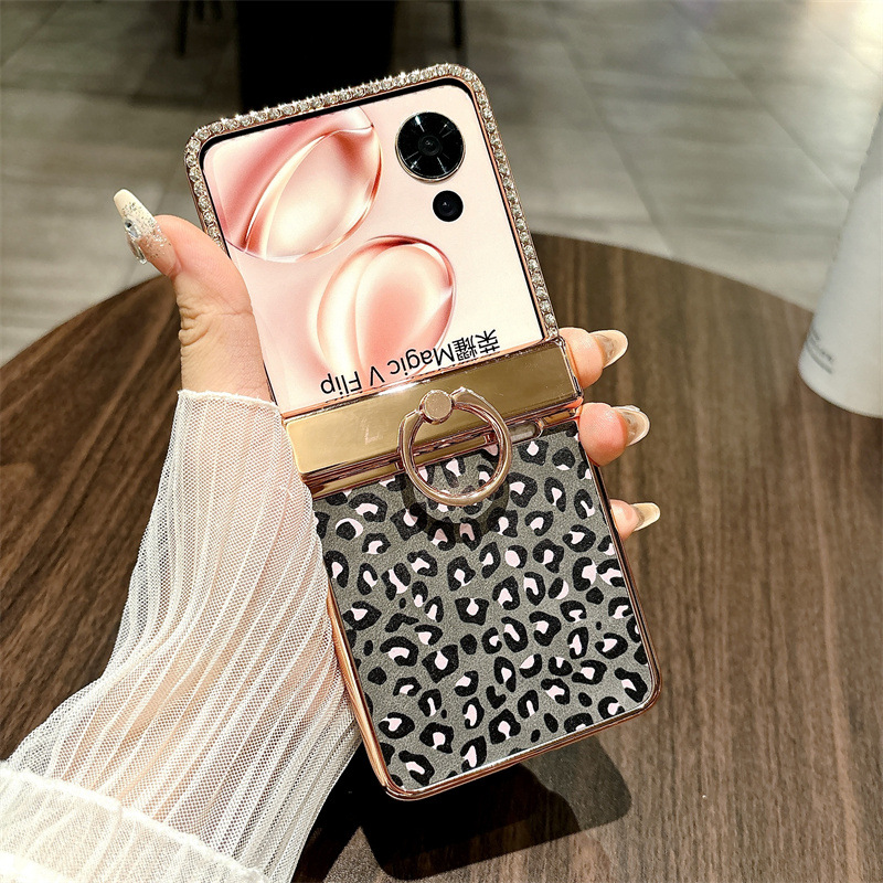 Suitable for Honor Magic V Flip phone cases with foldable screens, featuring luxurious electroplated leopard print for drop protection. - Black leopard print Honor Magic V Flip
