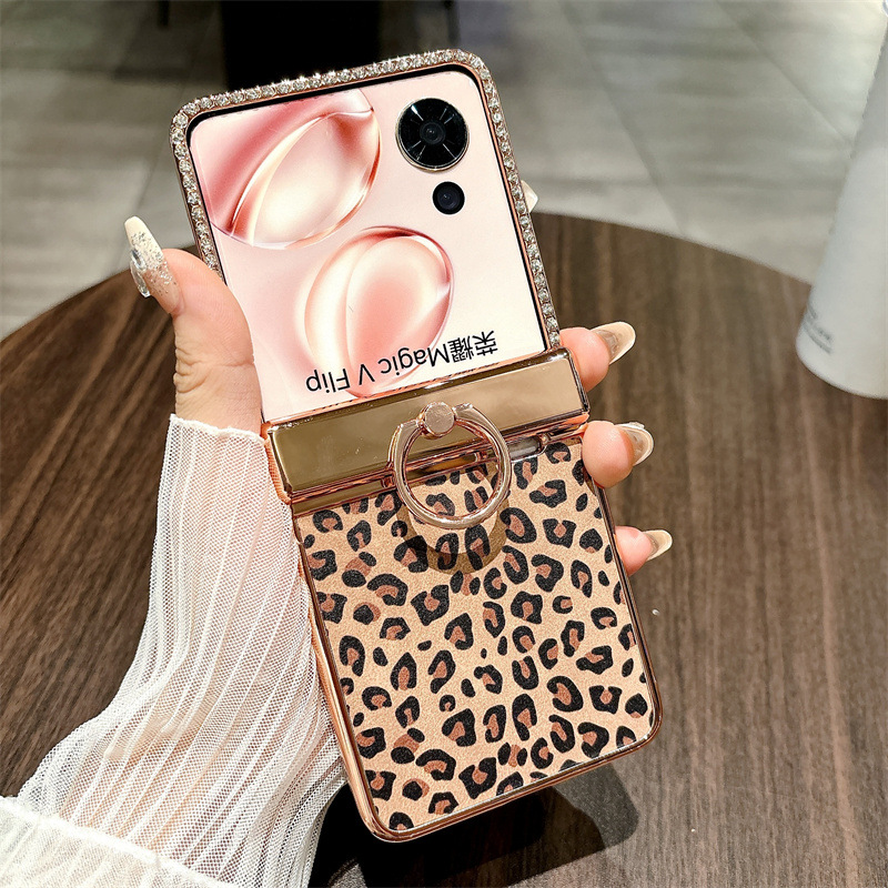 Suitable for Honor Magic V Flip phone cases with foldable screens, featuring luxurious electroplated leopard print for drop protection. - Brown leopard print Honor Magic V Flip