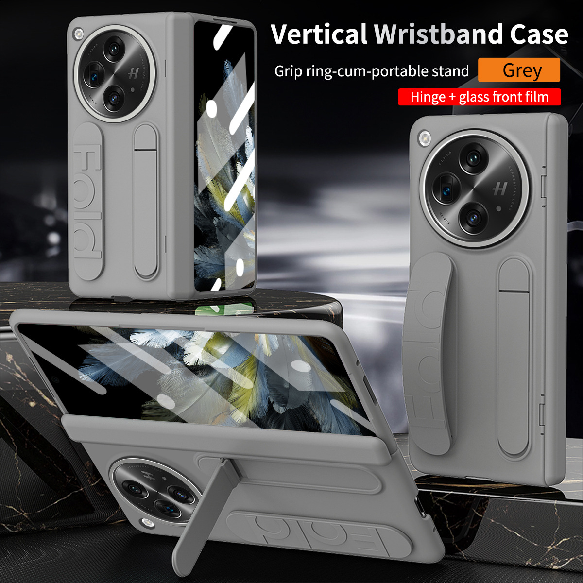 Compatible with OnePlus Open phone case, OnePlus folding wrist strap, vertical stand, hinge, full-coverage drop-proof protective case. - Gray Iridescent OneplusOpen