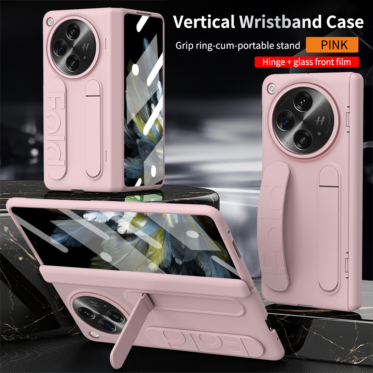 Compatible with OnePlus Open phone case, OnePlus folding wrist strap, vertical stand, hinge, full-coverage drop-proof protective case. - Pink Rainbow OneplusOpen