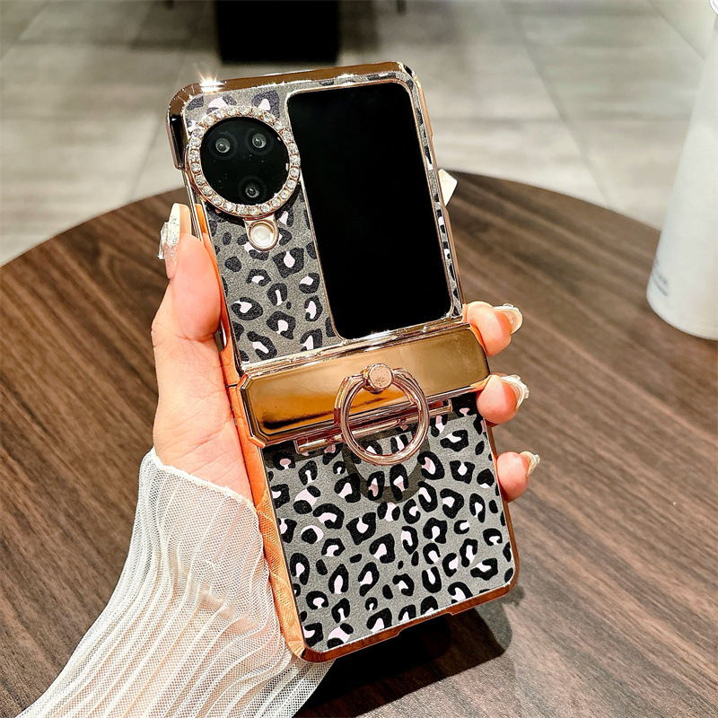 Compatible with OPPO Find N3 Flip phone case, leopard print stand, N3FLIP full-coverage hinge case, drop-proof protective case. - Black leopard print OPPO find N3flip