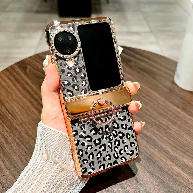 Compatible with OPPO Find N3 Flip phone case, leopard print stand, N3FLIP full-coverage hinge case, drop-proof protective case. - Black leopard print OPPO find N3flip