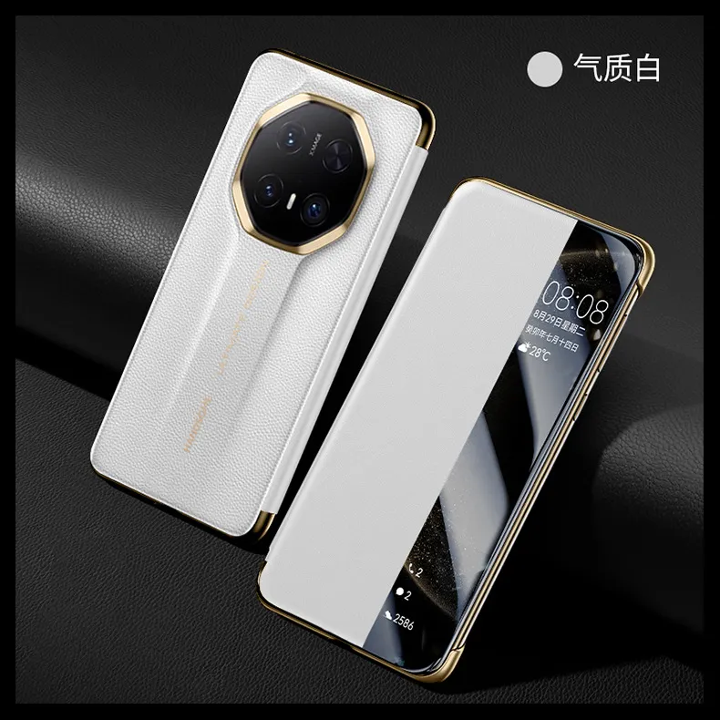 Compatible with Huawei MATE70RS phone case, Mate X70 Pro folding window smart leather case, drop-proof protective case - White smart leather case Huawei Mate 70