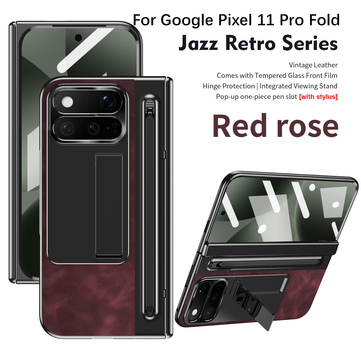Compatible with Google Pixel 11 Pro and Google 9 Pro vegan leather pen slot hinge full-coverage drop-proof protective case - Burgundy Jazz Google-pixel11 Pro Fold