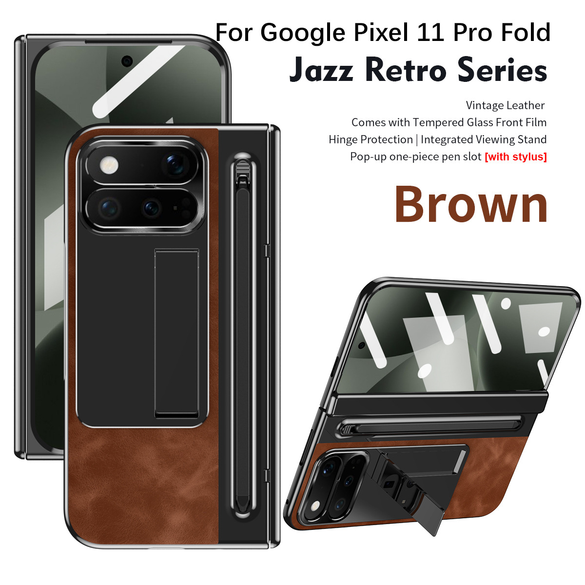 Compatible with Google Pixel 11 Pro and Google 9 Pro vegan leather pen slot hinge full-coverage drop-proof protective case - Brown Jazz Google-pixel11 Pro Fold