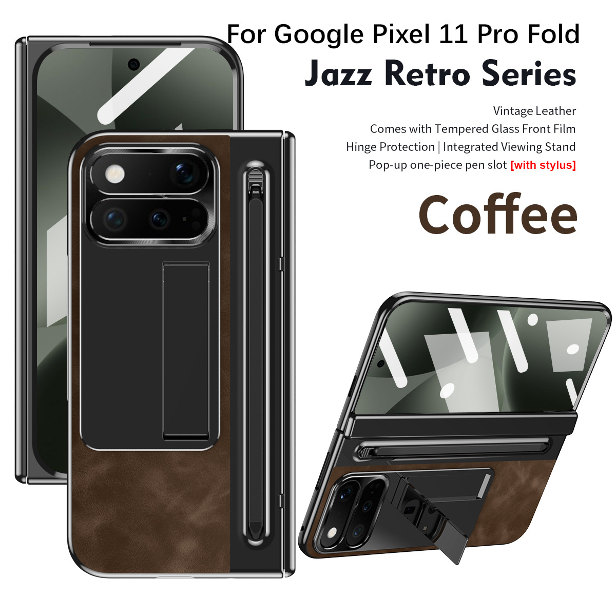 Compatible with Google Pixel 11 Pro and Google 9 Pro vegan leather pen slot hinge full-coverage drop-proof protective case - Coffee Jazz Google-pixel11 Pro Fold