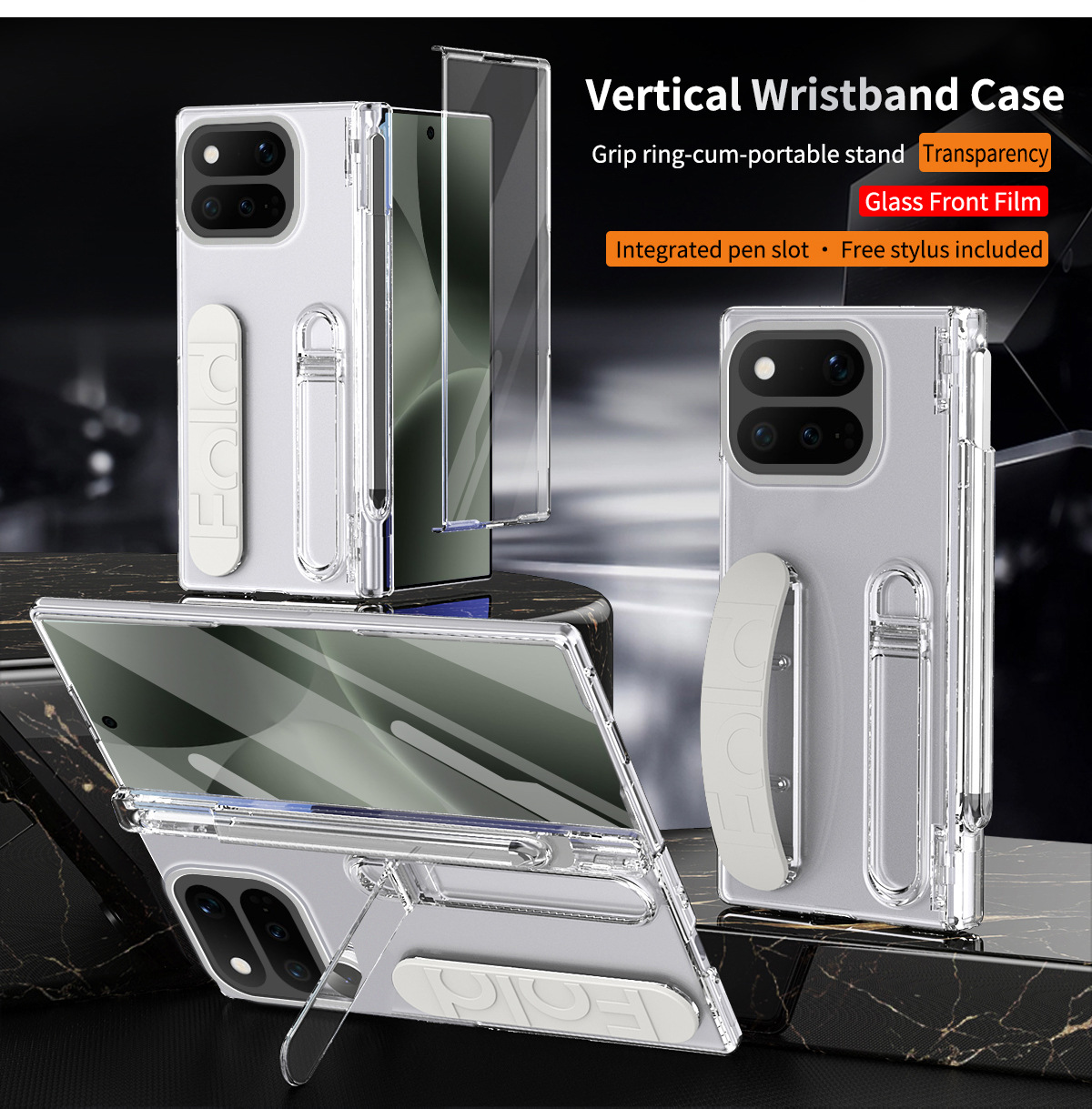 Compatible with Google Pixel 11 Pro phone case, Google Fold 9 wrist strap, pen slot, hinge, full-coverage drop protection - Transparent iridescent pen slot version Google Pixel 11 Pro