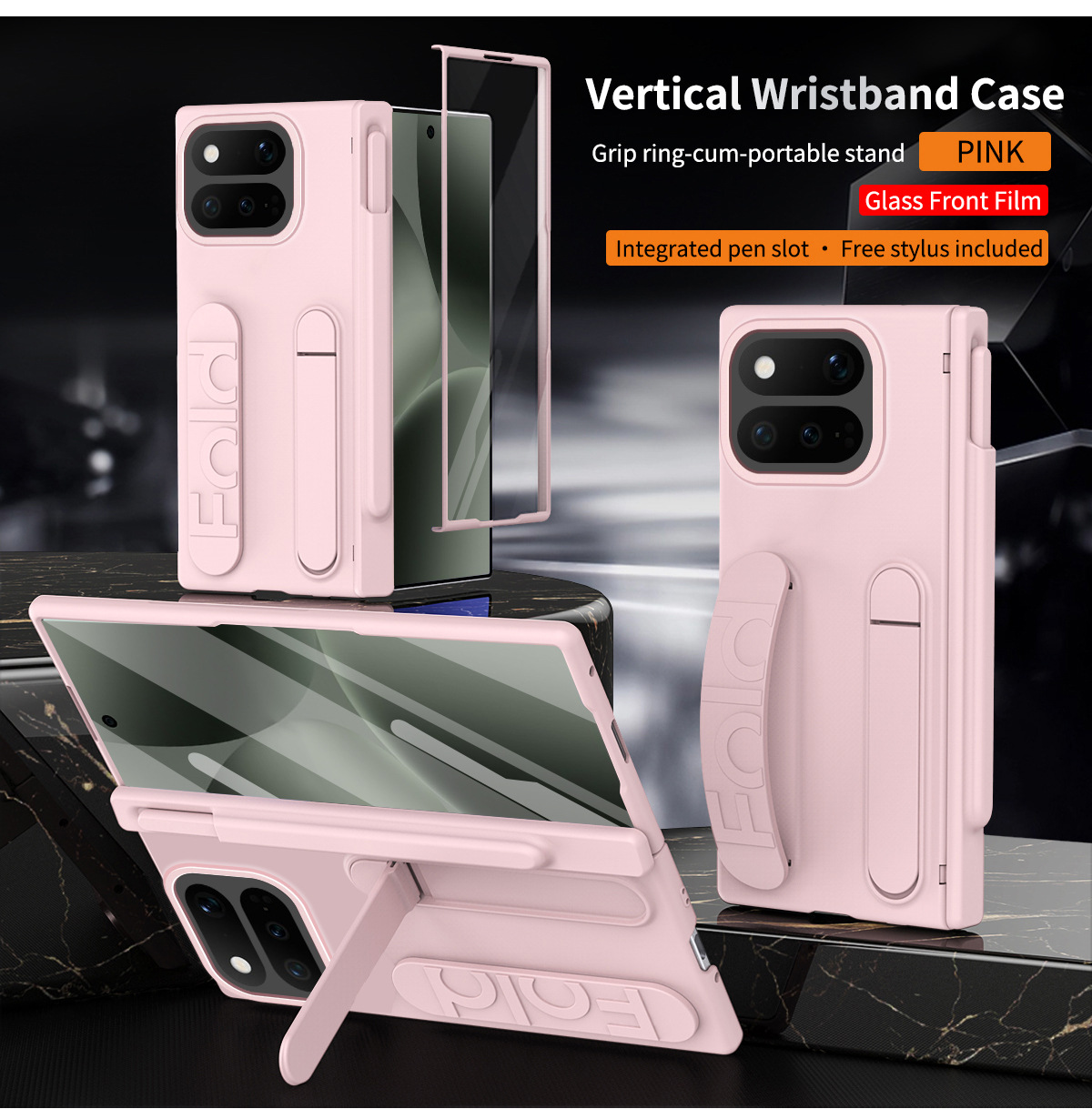 Compatible with Google Pixel 11 Pro phone case, Google Fold 9 wrist strap, pen slot, hinge, full-coverage drop protection - Pink iridescent pen slot version Google Pixel 11 Pro