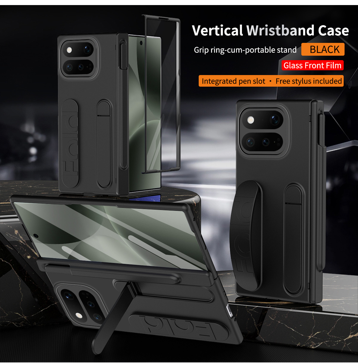 Compatible with Google Pixel 11 Pro phone case, Google Fold 9 wrist strap, pen slot, hinge, full-coverage drop protection - Black iridescent pen slot version Google Pixel 11 Pro