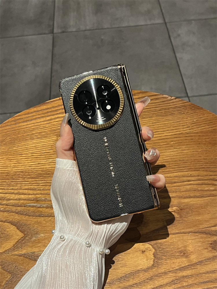 Compatible with OPPO Find N5 foldable phone case, FINDN5 leather lens hinge full-coverage drop protection case - Black leather lens OPPO Find N5