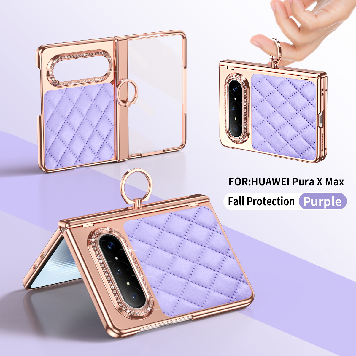 Huawei Pura X MAX Phone Case, PURA X Foldable Screen Diamond Electroplated Chanel Style Ring Protective Case - Purple Chanel-inspired ring with protective film Huawei Pura X MAX