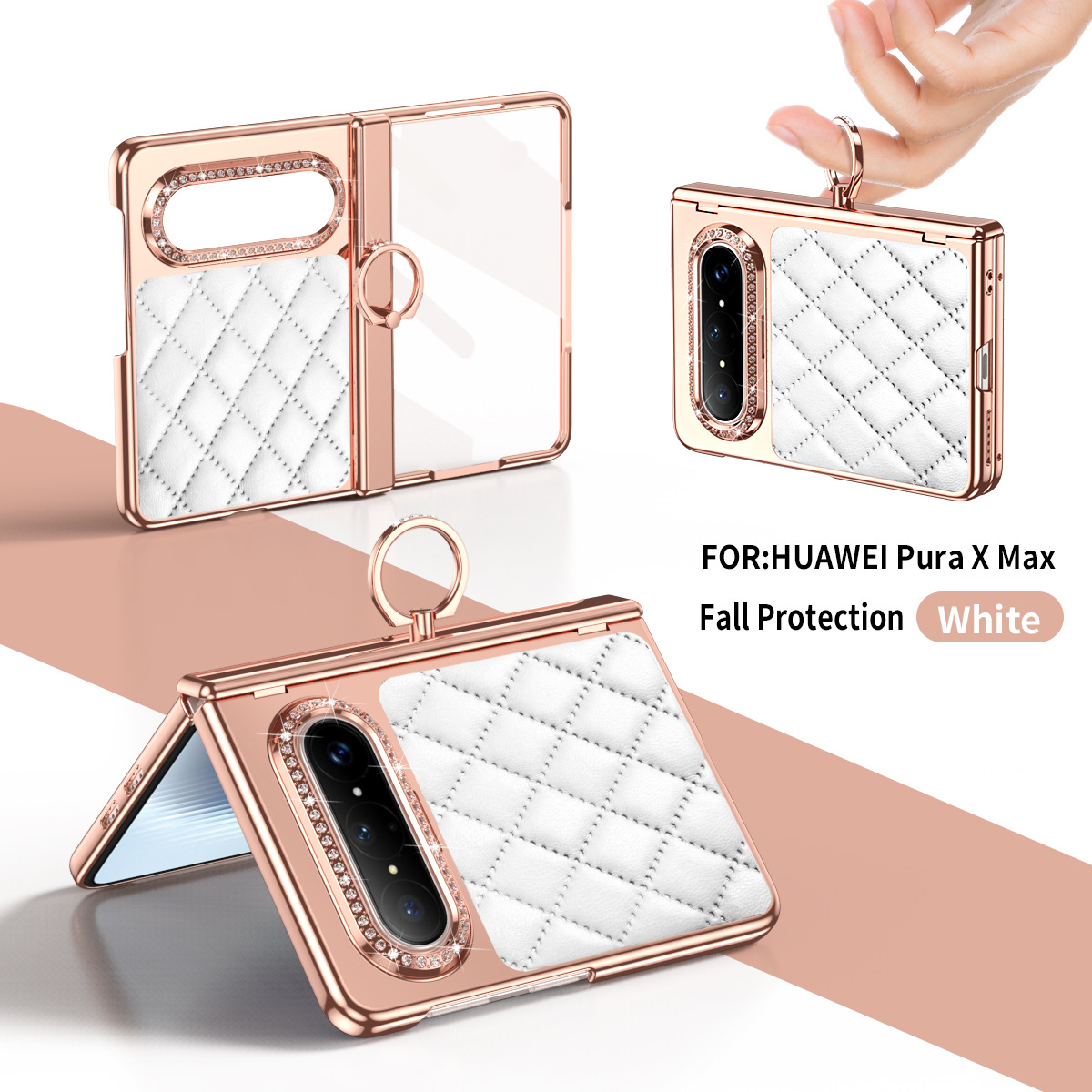 Huawei Pura X MAX Phone Case, PURA X Foldable Screen Diamond Electroplated Chanel Style Ring Protective Case - White Chanel-style ring with protective film Huawei Pura X MAX