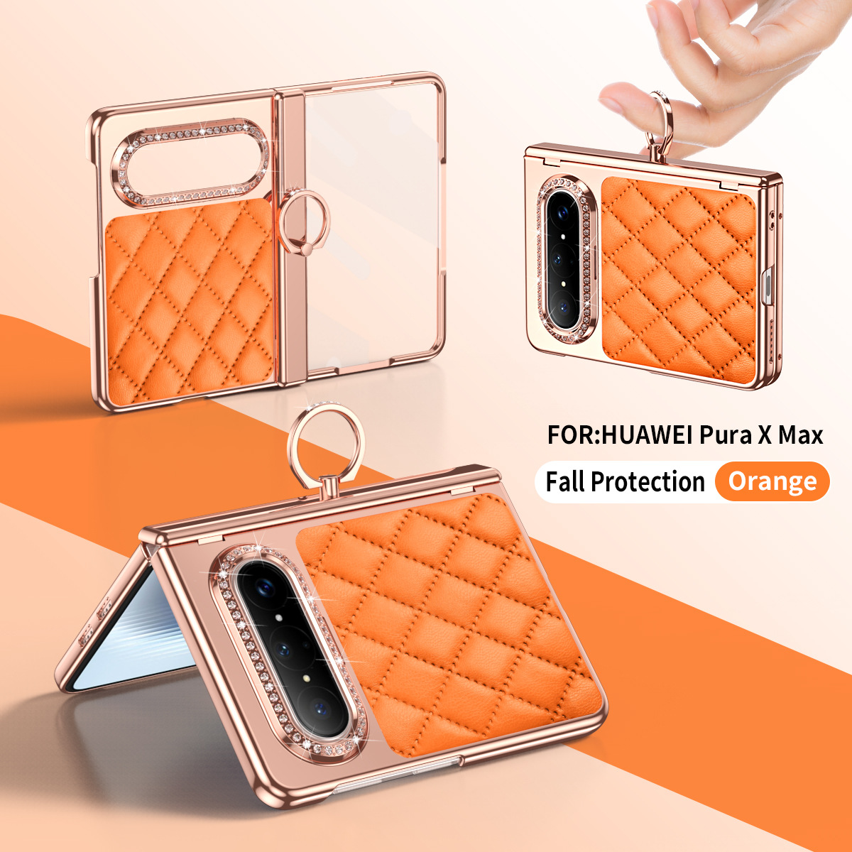 Huawei Pura X MAX Phone Case, PURA X Foldable Screen Diamond Electroplated Chanel Style Ring Protective Case - Orange Chanel-inspired ring with protective film Huawei Pura X MAX