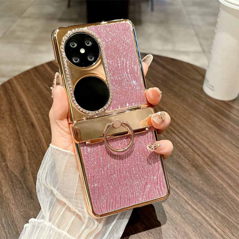 Huawei Pocket 2 Phone Case P50 Treasure Box Foldable Screen Protective Leather Case, Vegan Leather, Water Ripple Texture, 5G Drop Protection - Pink water ripple pattern Huawei Pocket 2