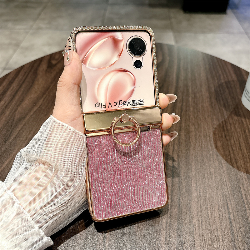 Compatible with Honor Magic V Flip2 phone case, foldable screen luxury electroplated glitter leather drop-proof protective case - Pink Water Ripple Ring Honor Magic V Flip2