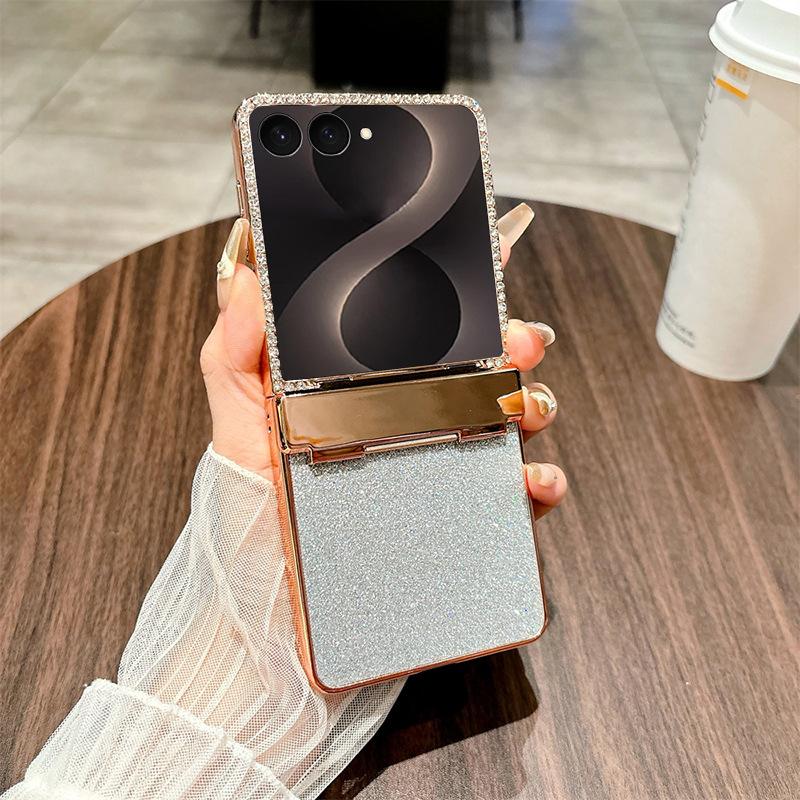 Compatible with Samsung ZFlip 8 phone case, ZFLIP 7 foldable screen electroplated leather hinge full-coverage drop protection leather - Silver glitter Samsung ZFlip 8
