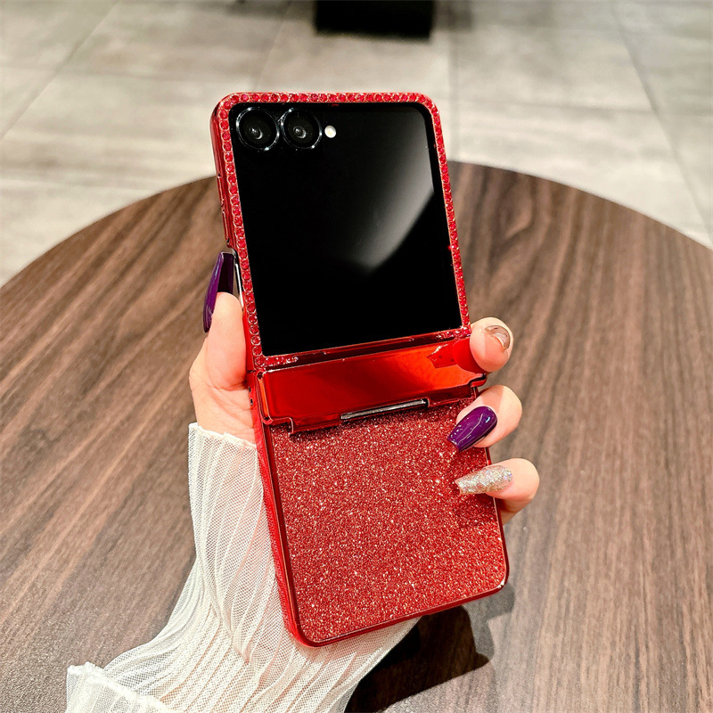 Compatible with Samsung ZFlip 8 phone case, ZFLIP 7 foldable screen electroplated leather hinge full-coverage drop protection leather - Red glitter Samsung ZFlip 8
