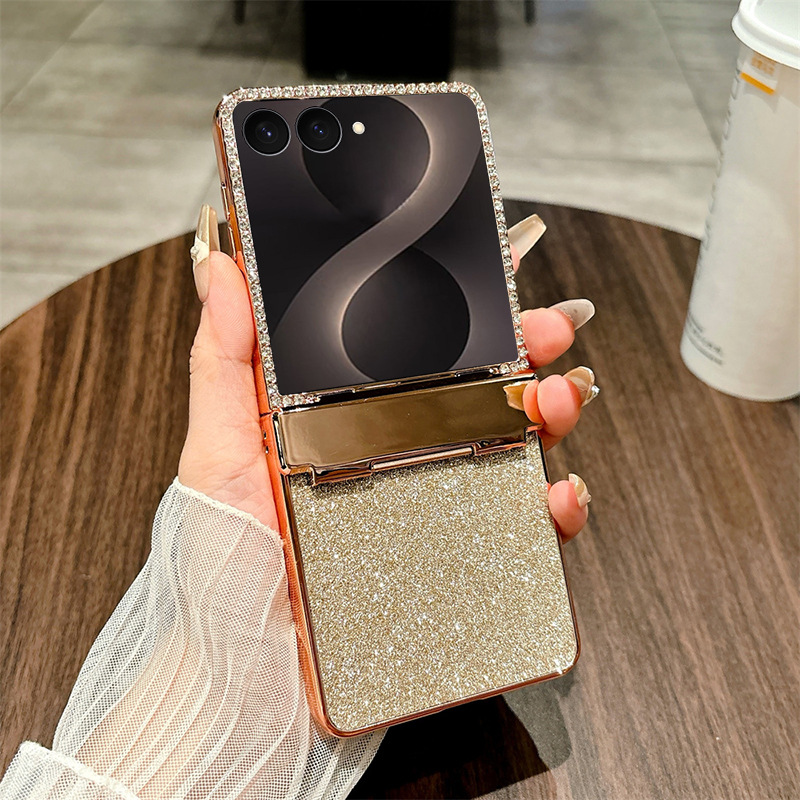 Compatible with Samsung ZFlip 8 phone case, ZFLIP 7 foldable screen electroplated leather hinge full-coverage drop protection leather - Gold glitter Samsung ZFlip 8