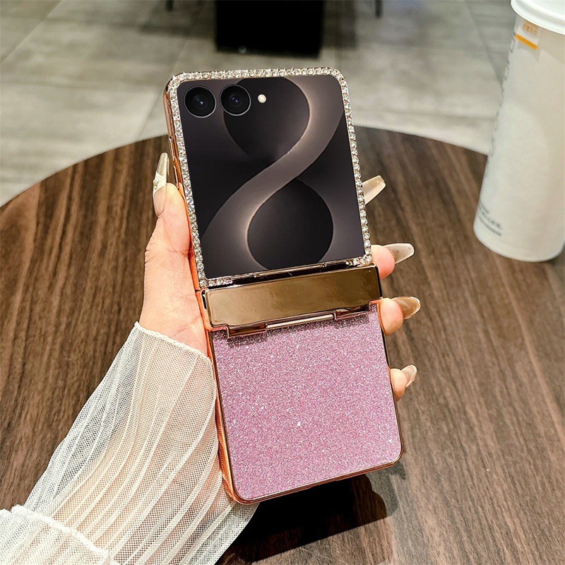 Compatible with Samsung ZFlip 8 phone case, ZFLIP 7 foldable screen electroplated leather hinge full-coverage drop protection leather - Pink glitter Samsung ZFlip 8
