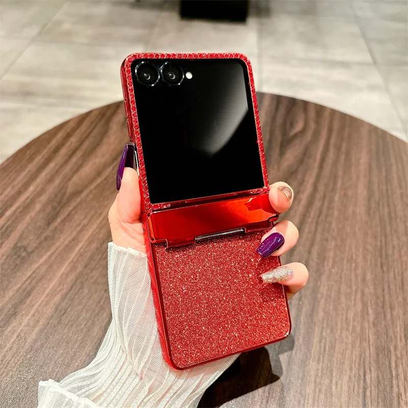 Compatible with Samsung ZFlip 8 phone case, ZFLIP 7 foldable screen electroplated leather hinge full-coverage drop protection leather - Red glitter Samsung ZFlip 8