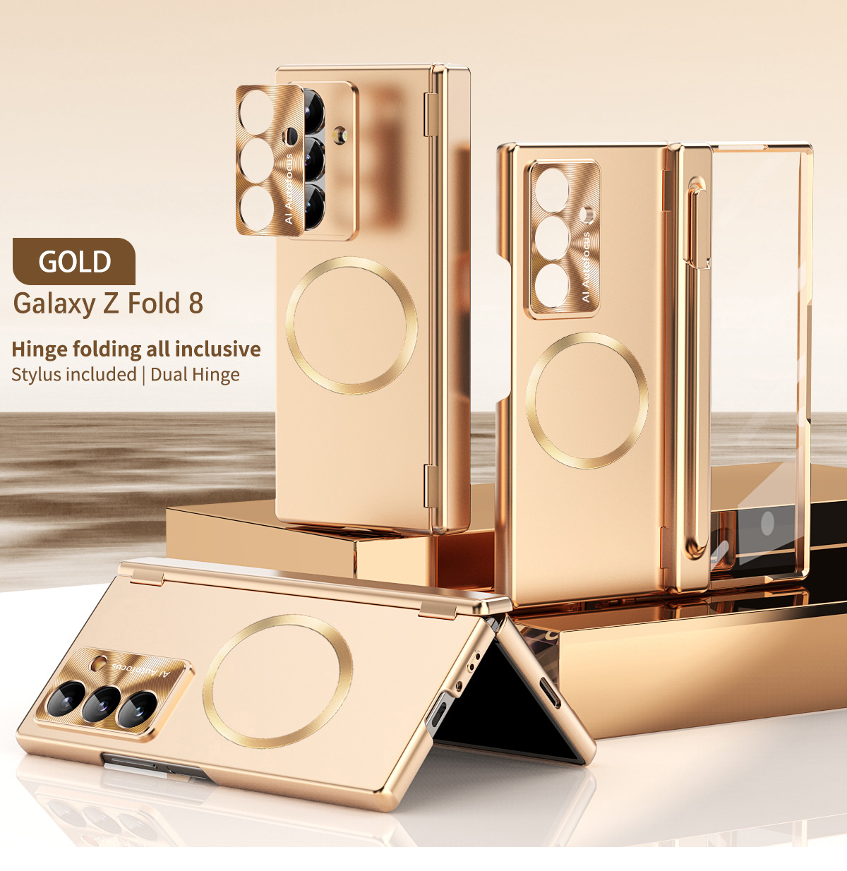 Compatible with Samsung Zfold 8 Ultra phone case, electroplated magnetic charging dual hinge shockproof case - Gold Elite Samsung Z Fold 8utrla