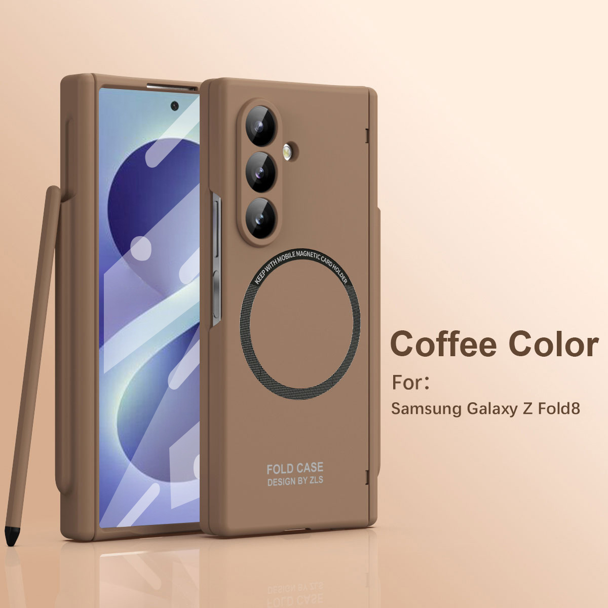 Compatible with Samsung Zfold 8 Ultra phone case, magnetic pen slot hinge, drop-proof protective case - Caramel-colored magnetic pen slot Samsung Z Fold 8 Ultra