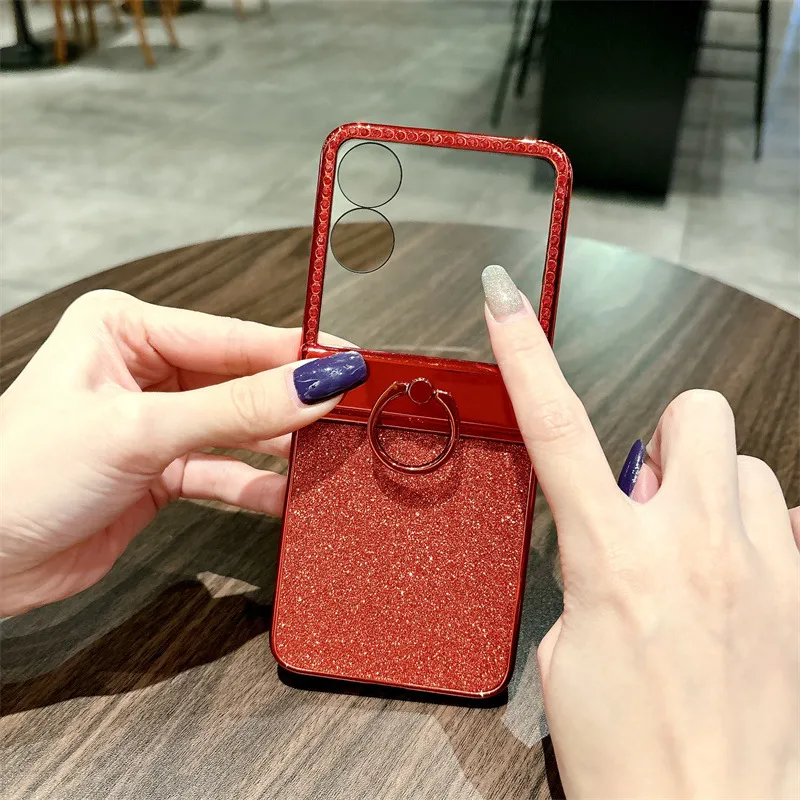 Compatible with Xiaomi MIX Flip phone case, China Red folding ring glitter full-coverage hinge drop protection - Red Starry Sky Screen Protector Xiaomi MIX Flip