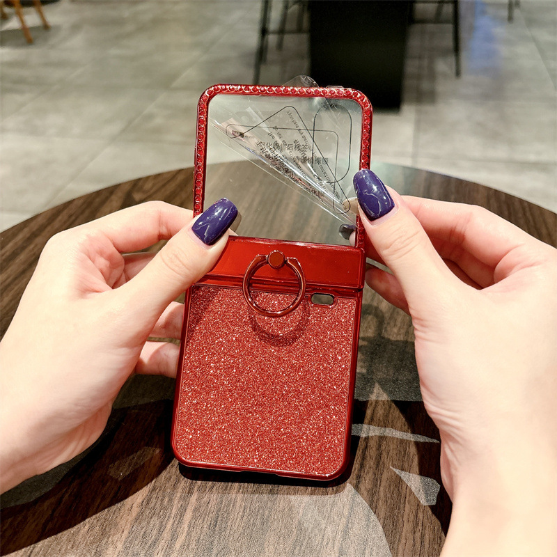 Compatible with Xiaomi MIX Flip2 phone case, glittery full-coverage hinge for drop protection. - Red Starry Sky with Screen Protector Xiaomi MIX Flip2