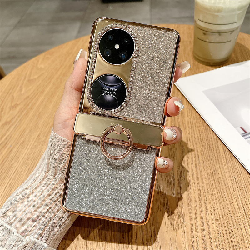 Huawei Pocket 2 Phone Case P50 Treasure Box Foldable Screen Protective Leather Case Vegan Leather Ring Glitter 5G Drop Protection Applicable - Golden Starry Sky Goddess Huawei Pocket 2